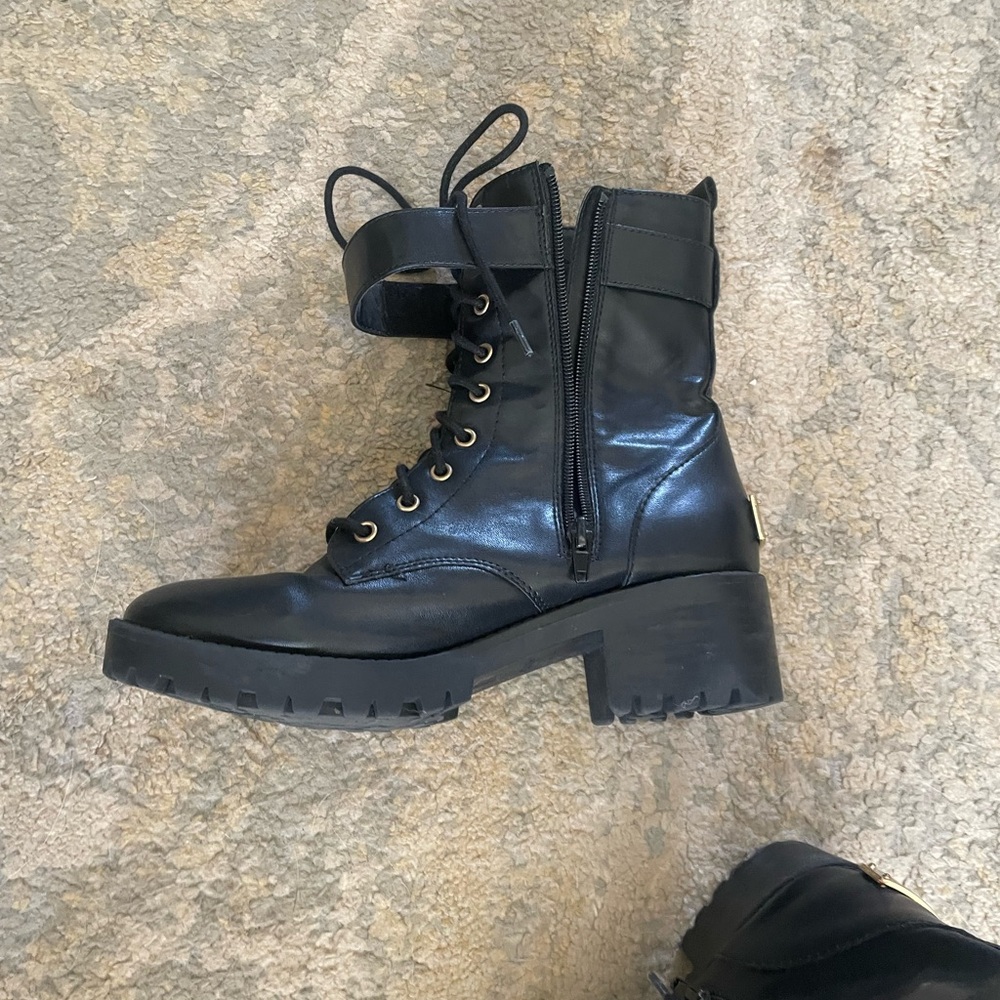 Juicy Couture Black and Gold Combat Boots with Glossy man made Leather